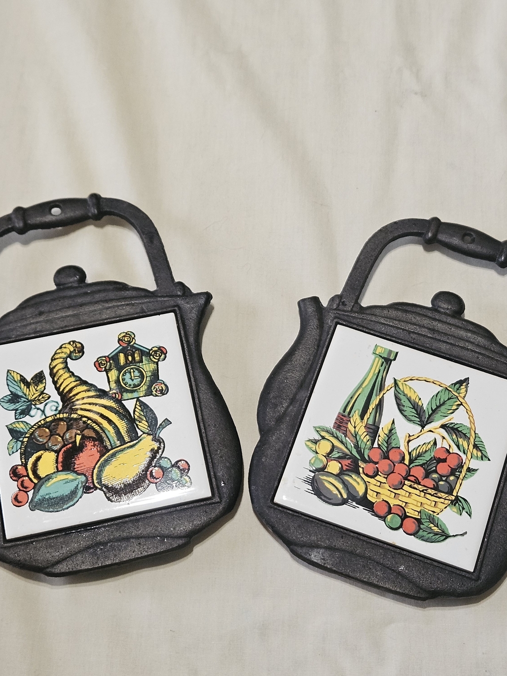 Decorative Cast Iron Trivet Pair with Fruit Tile Inlays - Yellow, Green, Red